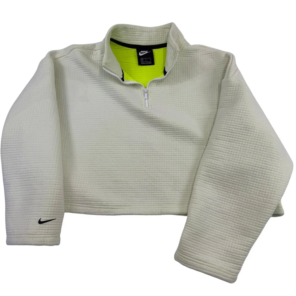 Nike‎ Womens Cropped Quarter Zip Pullover Waffle Knit Lime Green Neon Size M